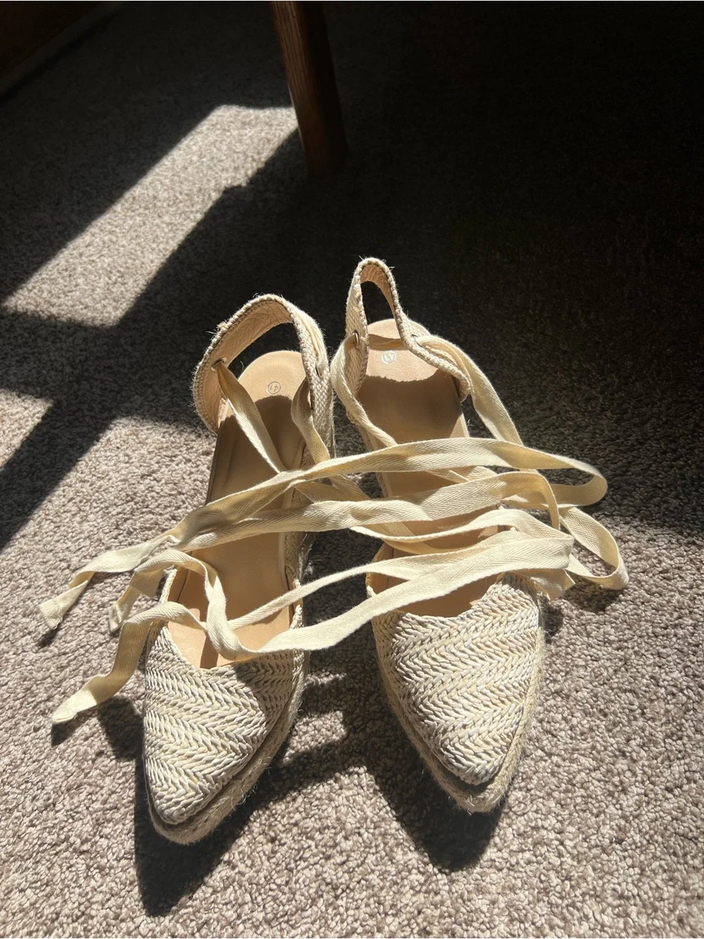 Woven Pointed Toe Lace-Up Espadrille Heels Natural